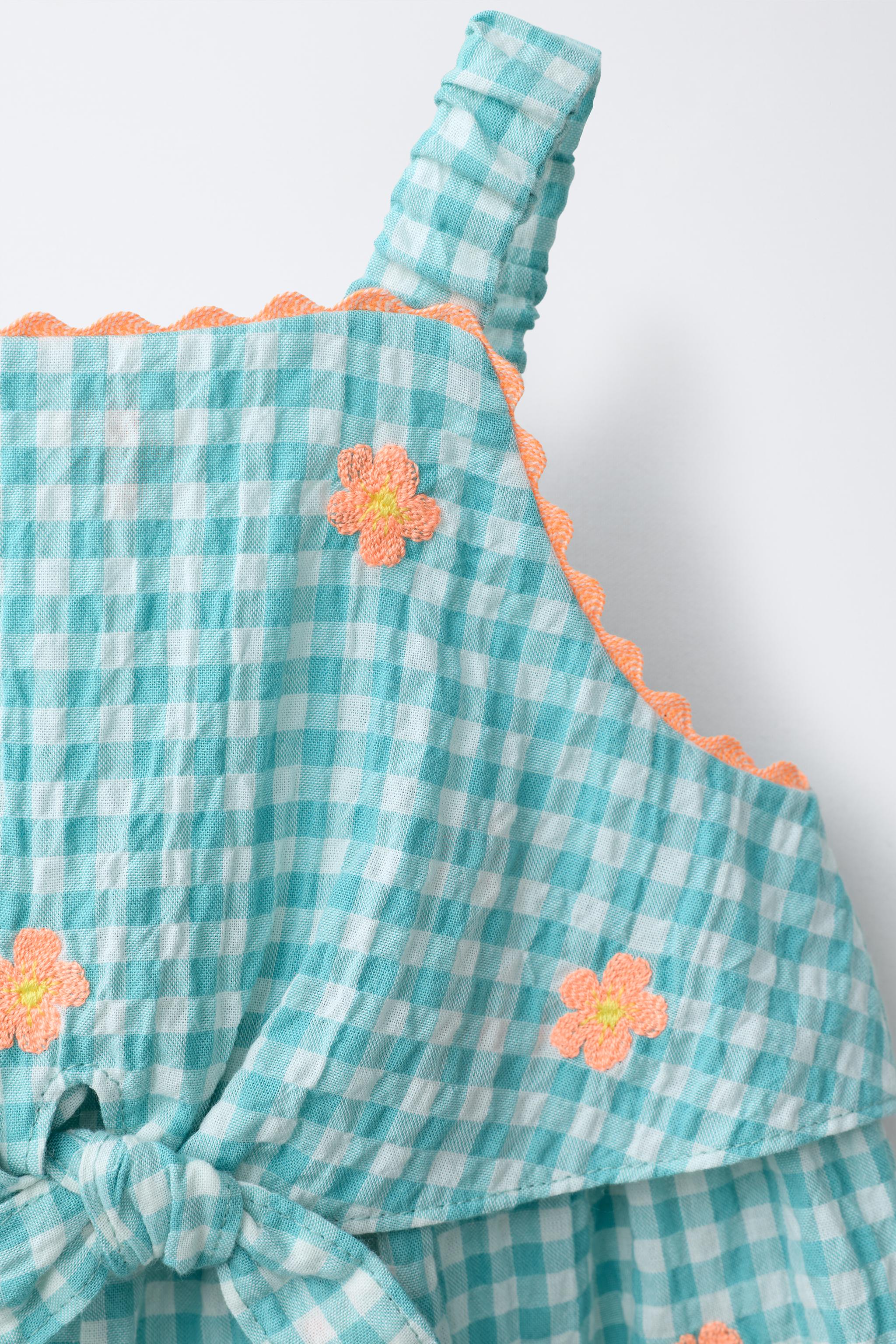 COMBI-SHORT À CARREAUX VICHY ET FLEURS BRODÉES